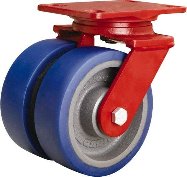 Hamilton - 6" Diam x 2" Wide x 7-3/4" OAH Top Plate Mount Swivel Caster - Polyurethane Mold onto Cast Iron Center, 1,920 Lb Capacity, Sealed Precision Ball Bearing, 4-1/2 x 6-1/2" Plate - Eagle Tool & Supply