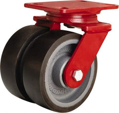 Hamilton - 6" Diam x 2" Wide x 7-3/4" OAH Top Plate Mount Swivel Caster - Polyurethane Mold onto Cast Iron Center, 2,500 Lb Capacity, Tapered Roller Bearing, 4-1/2 x 6-1/2" Plate - Eagle Tool & Supply