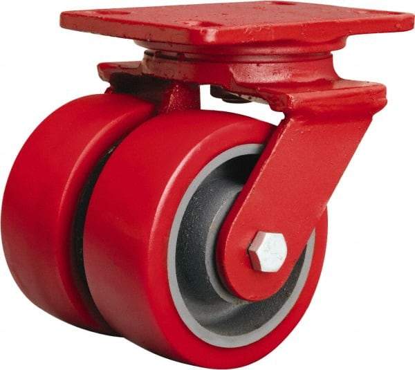Hamilton - 4" Diam x 2" Wide x 5-5/8" OAH Top Plate Mount Dual Swivel Caster - Polyurethane Mold onto Cast Iron Center, 1,800 Lb Capacity, Sealed Precision Ball Bearing, 4-1/2 x 6-1/2" Plate - Eagle Tool & Supply