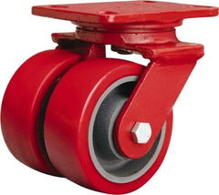 Hamilton - 4" Diam x 2" Wide x 5-5/8" OAH Top Plate Mount Dual Swivel Caster - Polyurethane Mold onto Cast Iron Center, 1,800 Lb Capacity, Sealed Precision Ball Bearing, 4-1/2 x 6-1/2" Plate - Eagle Tool & Supply