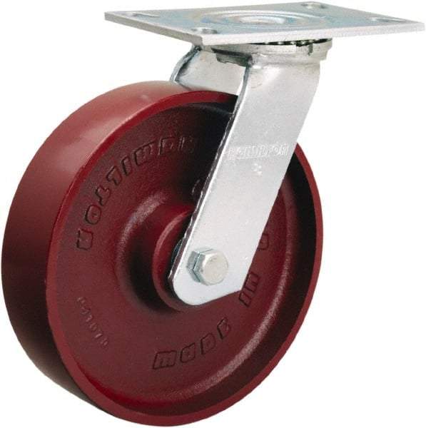 Hamilton - 8" Diam x 2" Wide x 9-1/2" OAH Top Plate Mount Swivel Caster - Cast Iron, 1,250 Lb Capacity, Sealed Precision Ball Bearing, 4-1/2 x 6-1/4" Plate - Eagle Tool & Supply