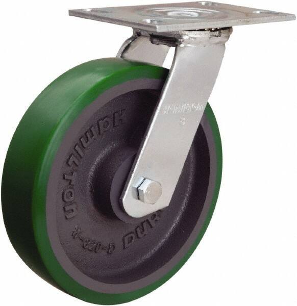 Hamilton - 8" Diam x 2" Wide x 9-1/2" OAH Top Plate Mount Swivel Caster - Polyurethane Mold onto Cast Iron Center, 900 Lb Capacity, Sealed Precision Ball Bearing, 4-1/2 x 6-1/4" Plate - Eagle Tool & Supply