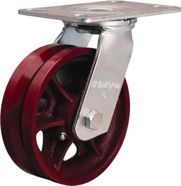 Hamilton - 6" Diam x 2" Wide, Iron Swivel Caster - 900 Lb Capacity, Top Plate Mount, 4-1/2" x 6-1/2" Plate, Straight Roller Bearing - Eagle Tool & Supply