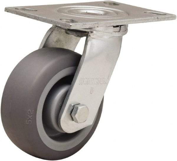 Hamilton - 5" Diam x 2" Wide x 6-1/2" OAH Top Plate Mount Swivel Caster - Rubber Mold on Polyolefin, 350 Lb Capacity, Straight Roller Bearing, 4-1/2 x 6-1/4" Plate - Eagle Tool & Supply