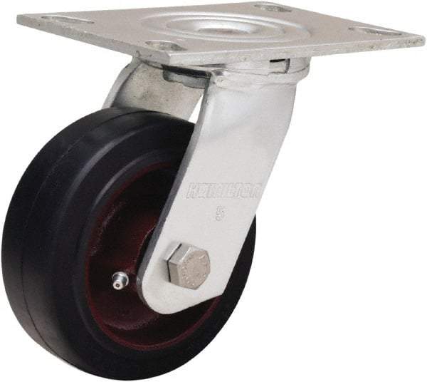 Hamilton - 5" Diam x 2" Wide x 6-1/2" OAH Top Plate Mount Swivel Caster - Rubber Mold on Cast Iron, 350 Lb Capacity, Straight Roller Bearing, 4-1/2 x 6-1/4" Plate - Eagle Tool & Supply
