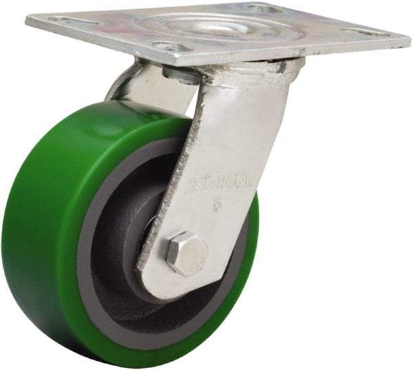 Hamilton - 5" Diam x 2" Wide x 6-1/2" OAH Top Plate Mount Swivel Caster - Polyurethane Mold onto Cast Iron Center, 900 Lb Capacity, Sealed Precision Ball Bearing, 4-1/2 x 6-1/4" Plate - Eagle Tool & Supply