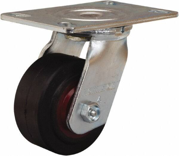 Hamilton - 4" Diam x 2" Wide x 5-5/8" OAH Top Plate Mount Swivel Caster - Rubber Mold on Cast Iron, 300 Lb Capacity, Straight Roller Bearing, 4-1/2 x 6-1/4" Plate - Eagle Tool & Supply