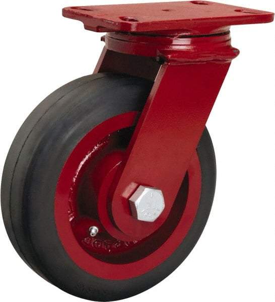 Hamilton - 8" Diam x 2-1/2" Wide x 10-1/8" OAH Top Plate Mount Swivel Caster - Rubber Mold on Cast Iron, 670 Lb Capacity, Straight Roller Bearing, 4-1/2 x 6-1/2" Plate - Eagle Tool & Supply