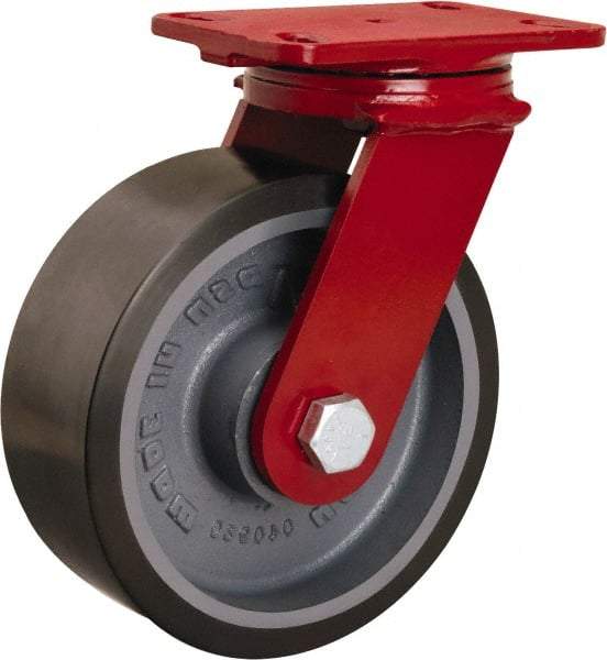 Hamilton - 8" Diam x 3" Wide x 10-1/4" OAH Top Plate Mount Swivel Caster - Polyurethane Mold onto Cast Iron Center, 2,200 Lb Capacity, Tapered Roller Bearing, 4-1/2 x 6-1/2" Plate - Eagle Tool & Supply
