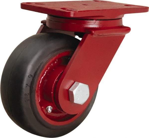 Hamilton - 6" Diam x 2-1/2" Wide x 7-1/2" OAH Top Plate Mount Swivel Caster - Rubber Mold on Cast Iron, 540 Lb Capacity, Straight Roller Bearing, 4-1/2 x 6-1/2" Plate - Eagle Tool & Supply