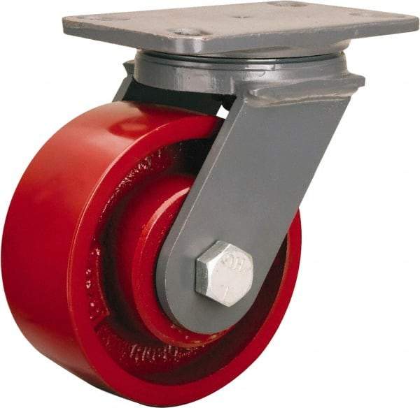 Hamilton - 6" Diam x 2-1/2" Wide x 7-3/4" OAH Top Plate Mount Swivel Caster - Cast Iron, 2,200 Lb Capacity, Tapered Roller Bearing, 4-1/2 x 6-1/2" Plate - Eagle Tool & Supply
