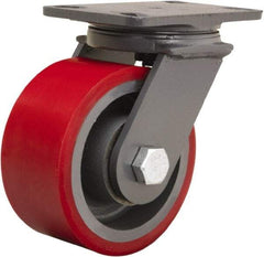 Hamilton - 6" Diam x 3" Wide x 7-3/4" OAH Top Plate Mount Swivel Caster - Polyurethane Mold onto Cast Iron Center, 2,400 Lb Capacity, Tapered Roller Bearing, 4-1/2 x 6-1/2" Plate - Eagle Tool & Supply