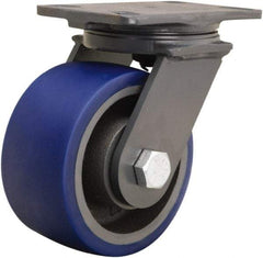 Hamilton - 6" Diam x 3" Wide x 7-3/4" OAH Top Plate Mount Swivel Caster - Polyurethane Mold onto Cast Iron Center, 1,800 Lb Capacity, Tapered Roller Bearing, 4-1/2 x 6-1/2" Plate - Eagle Tool & Supply