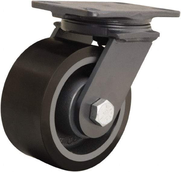 Hamilton - 6" Diam x 3" Wide x 7-3/4" OAH Top Plate Mount Swivel Caster - Polyurethane Mold onto Cast Iron Center, 2,200 Lb Capacity, Tapered Roller Bearing, 4-1/2 x 6-1/2" Plate - Eagle Tool & Supply