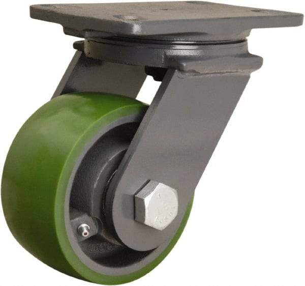 Hamilton - 5" Diam x 2-1/2" Wide x 7-1/4" OAH Top Plate Mount Swivel Caster - Polyurethane Mold onto Cast Iron Center, 1,300 Lb Capacity, Straight Roller Bearing, 4-1/2 x 6-1/2" Plate - Eagle Tool & Supply