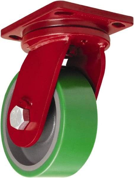 Hamilton - 8" Diam x 3" Wide x 10-1/2" OAH Top Plate Mount Swivel Caster - Polyurethane Mold onto Cast Iron Center, 2,500 Lb Capacity, Sealed Precision Ball Bearing, 6-1/2 x 7-1/2" Plate - Eagle Tool & Supply