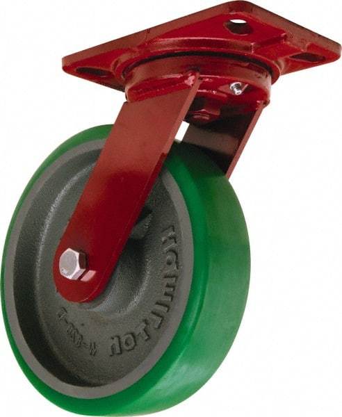 Hamilton - 8" Diam x 2" Wide x 9-3/4" OAH Top Plate Mount Swivel Caster - Polyurethane Mold onto Cast Iron Center, 1,500 Lb Capacity, Tapered Roller Bearing, 4-1/2 x 6-1/2" Plate - Eagle Tool & Supply