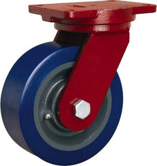 Hamilton - 8" Diam x 3" Wide x 10-1/2" OAH Top Plate Mount Swivel Caster - Polyurethane Mold on Forged Steel, 3,500 Lb Capacity, Tapered Roller Bearing, 6-1/8 x 7-1/2" Plate - Eagle Tool & Supply