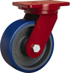 Hamilton - 8" Diam x 3" Wide x 10-1/2" OAH Top Plate Mount Swivel Caster - Polyurethane Mold onto Cast Iron Center, 2,000 Lb Capacity, Precision Tapered Roller Bearing, 6-1/8 x 7-1/2" Plate - Eagle Tool & Supply