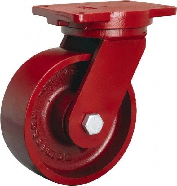 Hamilton - 8" Diam x 3" Wide x 10-1/2" OAH Top Plate Mount Swivel Caster - Cast Iron, 2,600 Lb Capacity, Sealed Precision Ball Bearing, 6-1/8 x 7-1/2" Plate - Eagle Tool & Supply