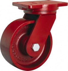 Hamilton - 8" Diam x 3" Wide x 10-1/2" OAH Top Plate Mount Swivel Caster - Cast Iron, 2,600 Lb Capacity, Sealed Precision Ball Bearing, 6-1/8 x 7-1/2" Plate - Eagle Tool & Supply