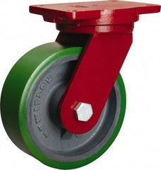 Hamilton - 8" Diam x 2-1/2" Wide x 10-1/2" OAH Top Plate Mount Swivel Caster - Polyurethane Mold onto Cast Iron Center, 2,000 Lb Capacity, Tapered Roller Bearing, 6-1/8 x 7-1/2" Plate - Eagle Tool & Supply