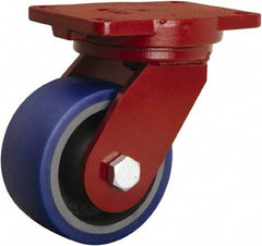 Hamilton - 6" Diam x 3" Wide x 8-1/2" OAH Top Plate Mount Swivel Caster - Polyurethane Mold onto Cast Iron Center, 1,800 Lb Capacity, Precision Tapered Roller Bearing, 6-1/8 x 7-1/2" Plate - Eagle Tool & Supply