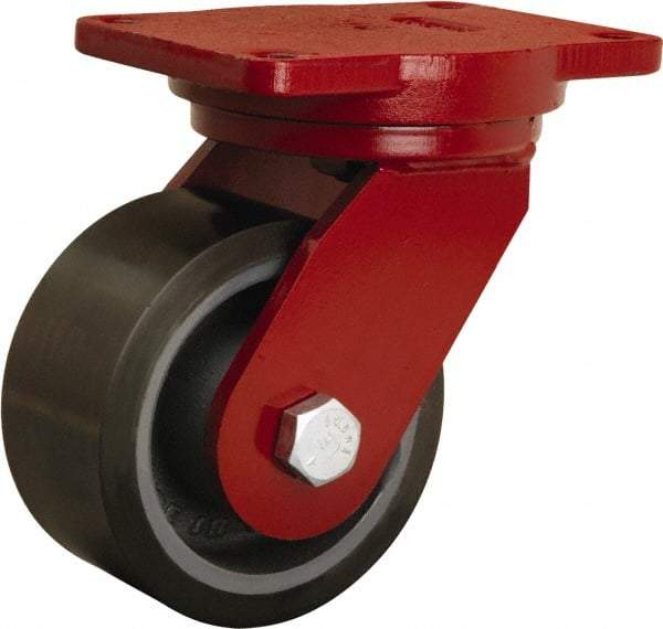 Hamilton - 6" Diam x 3" Wide x 8-1/2" OAH Top Plate Mount Swivel Caster - Polyurethane Mold onto Cast Iron Center, 2,860 Lb Capacity, Tapered Roller Bearing, 6-1/8 x 7-1/2" Plate - Eagle Tool & Supply