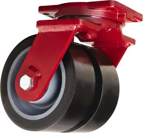 Hamilton - 8" Diam x 3" Wide x 10-1/2" OAH Top Plate Mount Dual Swivel Caster - Polyurethane Mold on Forged Steel, 7,000 Lb Capacity, Tapered Roller Bearing, 6-1/8 x 7-1/2" Plate - Eagle Tool & Supply