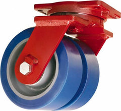 Hamilton - 8" Diam x 3" Wide x 10-1/2" OAH Top Plate Mount Dual Swivel Caster - Polyurethane Mold on Forged Steel, 7,000 Lb Capacity, Tapered Roller Bearing, 6-1/8 x 7-1/2" Plate - Eagle Tool & Supply