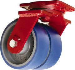 Hamilton - 6" Diam x 3" Wide x 8-1/2" OAH Top Plate Mount Dual Swivel Caster - Polyurethane Mold onto Cast Iron Center, 3,600 Lb Capacity, Sealed Precision Ball Bearing, 6-1/8 x 7-1/2" Plate - Eagle Tool & Supply