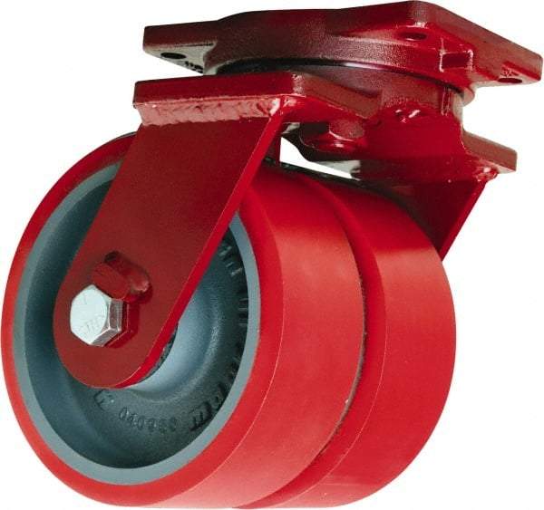 Hamilton - 6" Diam x 3" Wide x 8-1/2" OAH Top Plate Mount Dual Swivel Caster - Polyurethane Mold on Forged Steel, 5,200 Lb Capacity, Sealed Precision Ball Bearing, 6-1/8 x 7-1/2" Plate - Eagle Tool & Supply