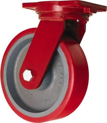 Hamilton - 10" Diam x 3" Wide x 12-1/2" OAH Top Plate Mount Swivel Caster - Polyurethane Mold on Forged Steel, 3,600 Lb Capacity, Tapered Roller Bearing, 6-1/8 x 7-1/2" Plate - Eagle Tool & Supply
