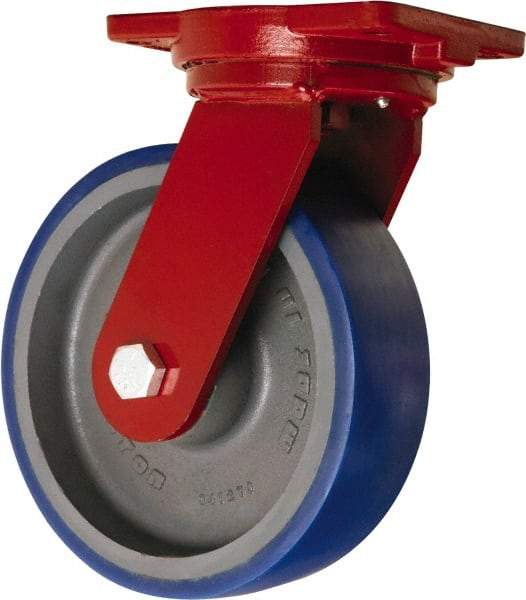 Hamilton - 10" Diam x 3" Wide x 12-1/2" OAH Top Plate Mount Swivel Caster - Polyurethane Mold onto Cast Iron Center, 2,400 Lb Capacity, Precision Tapered Roller Bearing, 6-1/8 x 7-1/2" Plate - Eagle Tool & Supply