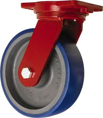 Hamilton - 10" Diam x 3" Wide x 12-1/2" OAH Top Plate Mount Swivel Caster - Polyurethane Mold onto Cast Iron Center, 2,400 Lb Capacity, Precision Tapered Roller Bearing, 6-1/8 x 7-1/2" Plate - Eagle Tool & Supply