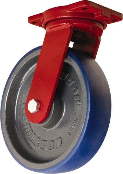 Hamilton - 12" Diam x 3" Wide x 14-1/2" OAH Top Plate Mount Swivel Caster - Polyurethane Mold onto Cast Iron Center, 2,800 Lb Capacity, Precision Tapered Roller Bearing, 6-1/8 x 7-1/2" Plate - Eagle Tool & Supply