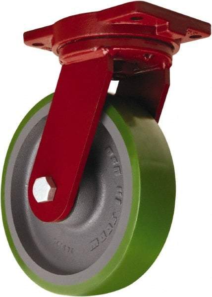 Hamilton - 10" Diam x 2-1/2" Wide x 12-1/2" OAH Top Plate Mount Swivel Caster - Polyurethane Mold onto Cast Iron Center, 2,500 Lb Capacity, Tapered Roller Bearing, 6-1/8 x 7-1/2" Plate - Eagle Tool & Supply