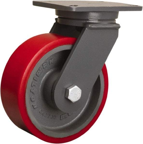 Hamilton - 8" Diam x 3" Wide x 10-1/2" OAH Top Plate Mount Swivel Caster - Polyurethane Mold onto Cast Iron Center, 3,000 Lb Capacity, Sealed Precision Ball Bearing, 5-1/4 x 7-1/4" Plate - Eagle Tool & Supply