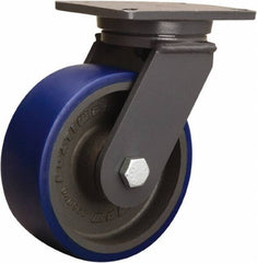 Hamilton - 8" Diam x 3" Wide x 10-1/2" OAH Top Plate Mount Swivel Caster - Polyurethane Mold onto Cast Iron Center, 2,000 Lb Capacity, Tapered Roller Bearing, 5-1/4 x 7-1/4" Plate - Eagle Tool & Supply