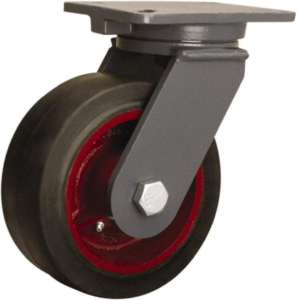 Hamilton - 8" Diam x 3" Wide x 10-1/2" OAH Top Plate Mount Swivel Caster - Rubber Mold on Cast Iron, 840 Lb Capacity, Straight Roller Bearing, 5-1/4 x 7-1/4" Plate - Eagle Tool & Supply