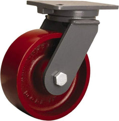 Hamilton - 8" Diam x 3" Wide x 10-1/2" OAH Top Plate Mount Swivel Caster - Cast Iron, 2,600 Lb Capacity, Tapered Roller Bearing, 5-1/4 x 7-1/4" Plate - Eagle Tool & Supply