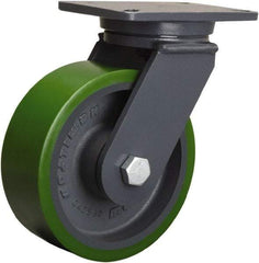 Hamilton - 8" Diam x 3" Wide x 10-1/2" OAH Top Plate Mount Swivel Caster - Polyurethane Mold onto Cast Iron Center, 2,500 Lb Capacity, Tapered Roller Bearing, 5-1/4 x 7-1/4" Plate - Eagle Tool & Supply