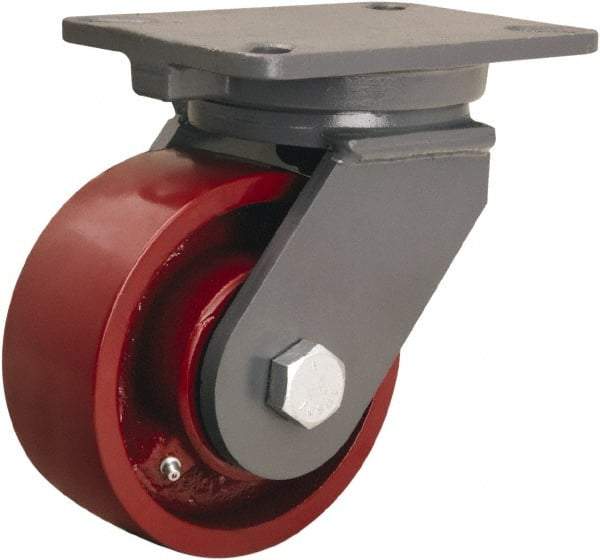 Hamilton - 6" Diam x 2-1/2" Wide x 8" OAH Top Plate Mount Swivel Caster - Cast Iron, 2,200 Lb Capacity, Tapered Roller Bearing, 5-1/4 x 7-1/4" Plate - Eagle Tool & Supply