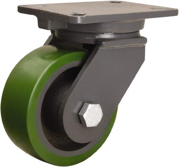 Hamilton - 6" Diam x 2-1/2" Wide x 8" OAH Top Plate Mount Swivel Caster - Polyurethane Mold onto Cast Iron Center, 1,600 Lb Capacity, Tapered Roller Bearing, 5-1/4 x 7-1/4" Plate - Eagle Tool & Supply