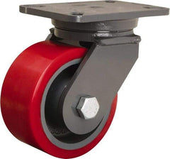 Hamilton - 6" Diam x 3" Wide x 8" OAH Top Plate Mount Swivel Caster - Polyurethane Mold onto Cast Iron Center, 2,600 Lb Capacity, Tapered Roller Bearing, 5-1/4 x 7-1/4" Plate - Eagle Tool & Supply