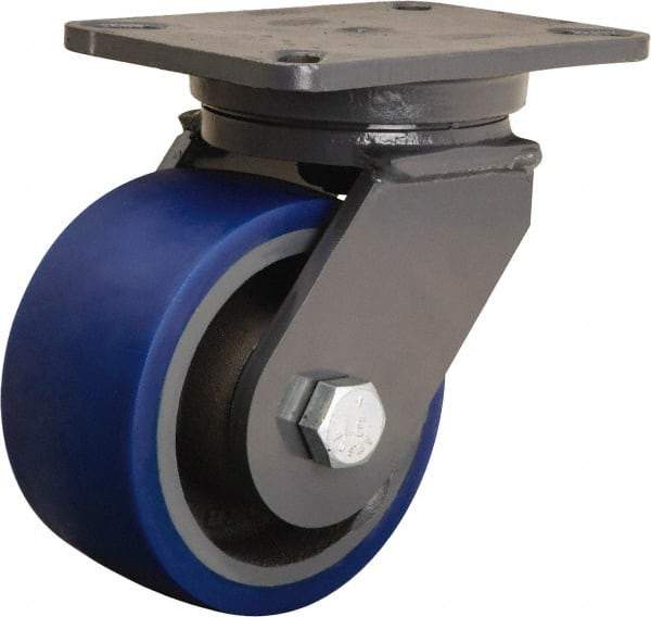 Hamilton - 6" Diam x 3" Wide x 8" OAH Top Plate Mount Swivel Caster - Polyurethane Mold onto Cast Iron Center, 1,800 Lb Capacity, Tapered Roller Bearing, 5-1/4 x 7-1/4" Plate - Eagle Tool & Supply