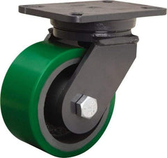 Hamilton - 6" Diam x 3" Wide x 8" OAH Top Plate Mount Swivel Caster - Polyurethane Mold onto Cast Iron Center, 2,200 Lb Capacity, Tapered Roller Bearing, 5-1/4 x 7-1/4" Plate - Eagle Tool & Supply