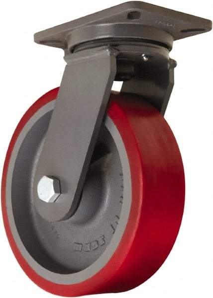 Hamilton - 10" Diam x 3" Wide x 12-1/2" OAH Top Plate Mount Swivel Caster - Polyurethane Mold onto Cast Iron Center, 3,600 Lb Capacity, Sealed Precision Ball Bearing, 5-1/4 x 7-1/4" Plate - Eagle Tool & Supply