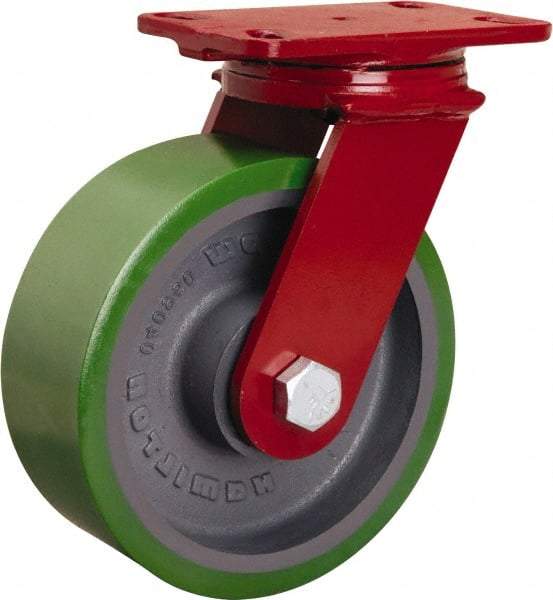 Hamilton - 8" Diam x 3" Wide x 10-1/8" OAH Top Plate Mount Swivel Caster - Polyurethane Mold onto Cast Iron Center, 2,200 Lb Capacity, Tapered Roller Bearing, 4-1/2 x 6-1/2" Plate - Eagle Tool & Supply