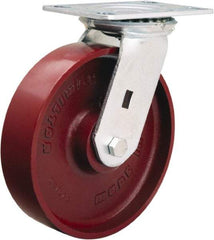 Hamilton - 8" Diam x 2" Wide x 9-1/2" OAH Top Plate Mount Swivel Caster - Cast Iron, 1,500 Lb Capacity, Precision Ball Bearing, 4-1/2 x 6-1/4" Plate - Eagle Tool & Supply